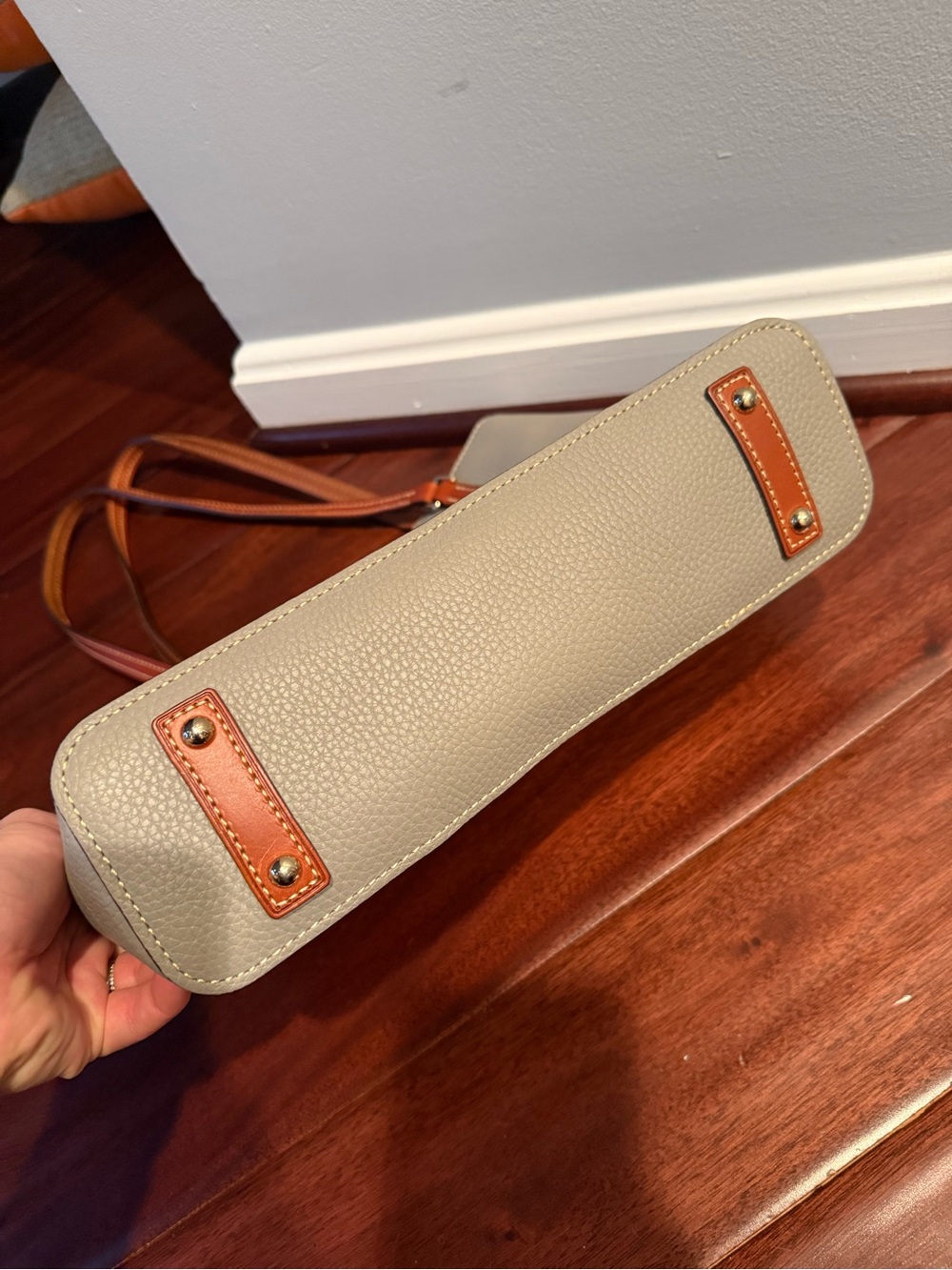 Dooney & Bourke Gray Pebble Leather Tote with Brown Straps and Front Pocket - Picture 4 of 10